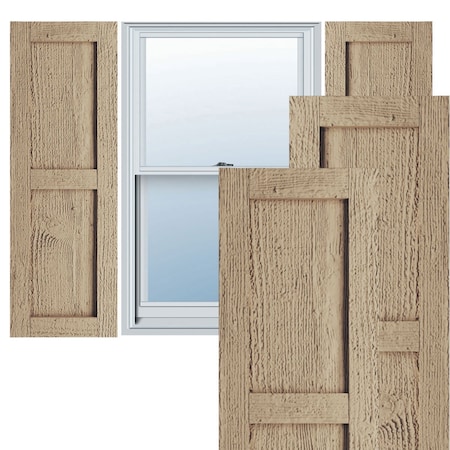 Rustic Two Equal Panel Flat Panel Rough Sawn Faux Wood Shutters (Per Pair), Primed Tan, 15W X 80H